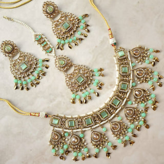 Dakota Mint Green Polki Necklace Set with Tikka