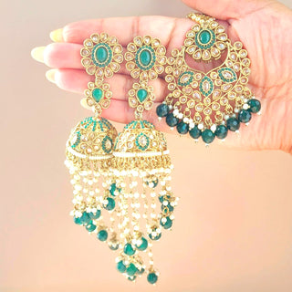 Daniella Green Polki Tikka Set with Shoulder Duster Earrings