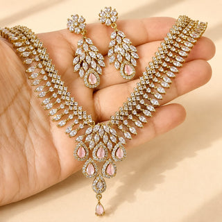Daphne Light Pink CZ Diamond Simulant Victorian Gold Necklace Set
