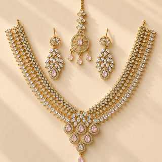 Daphne Light Pink CZ Diamond Simulant Victorian Gold Necklace Set