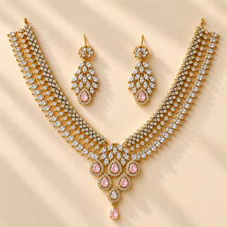 Daphne Light Pink CZ Diamond Simulant Victorian Gold Necklace Set