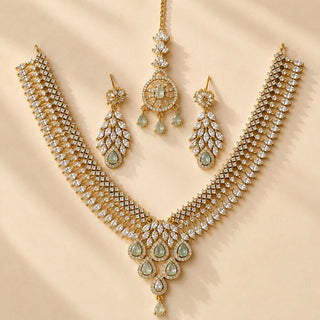Daphne Mint Green CZ Diamond Simulant Victorian Gold Necklace Set