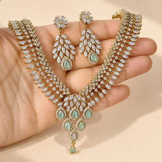 Daphne Mint Green CZ Diamond Simulant Victorian Gold Necklace Set