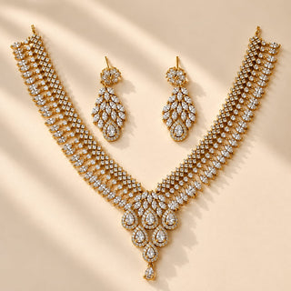 Daphne White CZ Diamond Simulant Victorian Gold Necklace Set with matching 4.4 cm earrings
