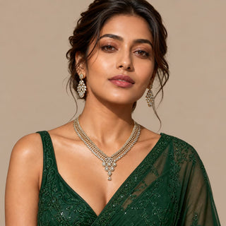Daphne White CZ Diamond Simulant Victorian Gold Necklace Set with matching 4.4 cm earrings