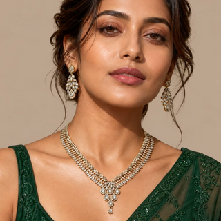 Daphne White CZ Diamond Simulant Victorian Gold Necklace Set with matching 4.4 cm earrings