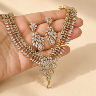 Daphne White CZ Diamond Simulant Victorian Gold Necklace Set