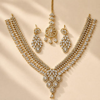 Daphne White CZ Diamond Simulant Victorian Gold Necklace Set
