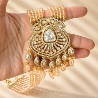 Delani Gold Polki Long Necklace Set with Tikka