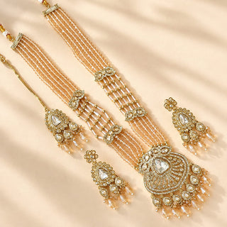 Delani Gold Polki Long Necklace Set with Tikka