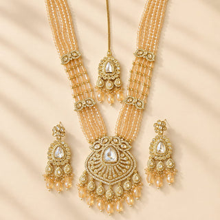 Delani Gold Polki Long Necklace Set with Tikka
