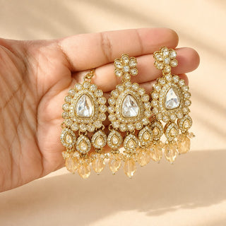 Delani Gold Polki Long Necklace Set with Tikka