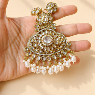 Delanie White Kundan Long Necklace Set with Tikka