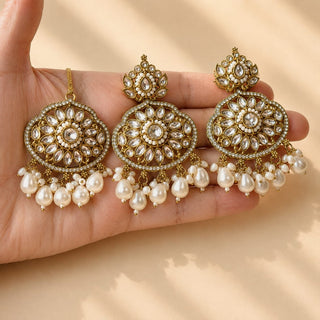 Delanie White Kundan Long Necklace Set with Tikka