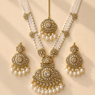Delanie White Kundan Long Necklace Set with Tikka