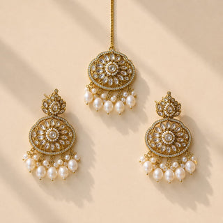 Delanie White Kundan Long Necklace Set with Tikka