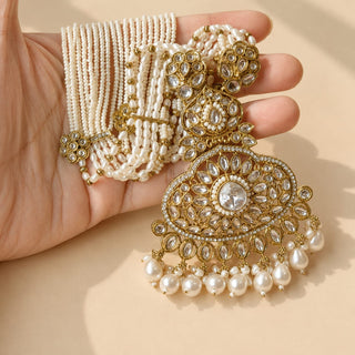 Delanie White Kundan Long Necklace Set with Tikka
