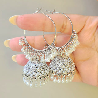 Delilah White German Silver Bali Jhumka Earrings