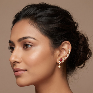 Edwina CZ Diamond Pearl Lightweight & Easy to Wear Ear Cuff Earrings