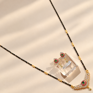 Olivia gold finish multicolour mangalsutra necklace and earrings angled product photo