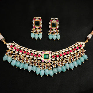 Sonali 22k Gold Plated Pachi Kundan Multicolour Choker / Necklace Set - Luxury Collection