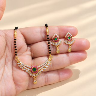 Olivia multicolour mangalsutra necklace set with matching earrings hand held size reference