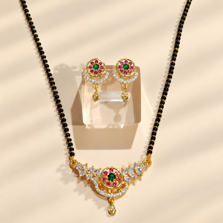 Amelia multicolour gold finish mangalsutra necklace and earrings with green pink and white CZ stones