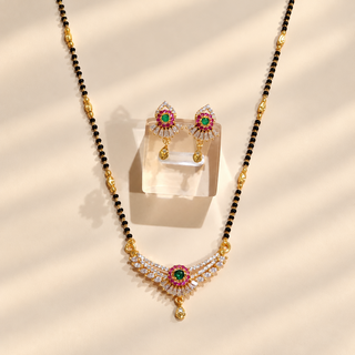 Olivia multicolour green pink and white stone mangalsutra necklace set displayed front view