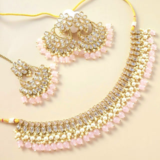 Emma Pink Polki Choker Necklace Set with Tikka