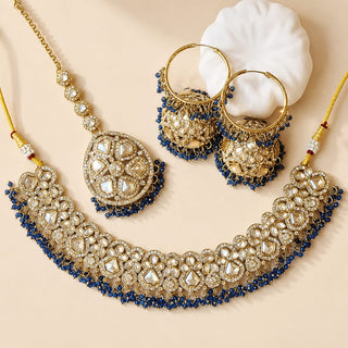 Emmie Blue Polki Necklace Set with Tikka