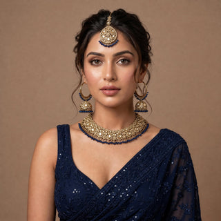 Emmie Blue Polki Necklace Set with Tikka