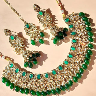 Emmie Green Polki Necklace Set with Tikka
