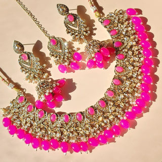 Emmie Hot Pink Polki Necklace Set with Tikka