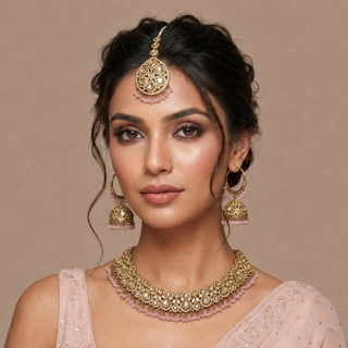 Emmie Light Pink Polki Necklace Set with Tikka