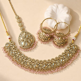 Emmie Light Pink Polki Necklace Set with Tikka