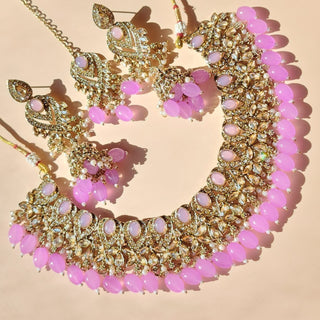 Emmie Light Purple Polki Necklace Set with Tikka
