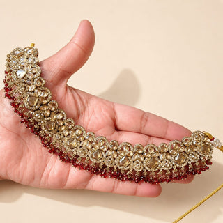 Emmie Maroon Dark Red Polki Necklace Set with Tikka