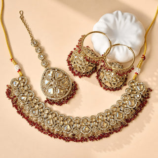 Emmie Maroon Dark Red Polki Necklace Set with Tikka