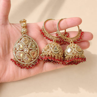 Emmie Maroon Dark Red Polki Necklace Set with Tikka