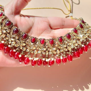 Emmie Maroon Red Polki Necklace Set with Tikka