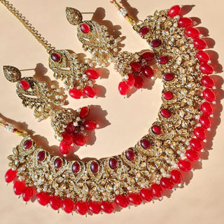 Emmie Maroon Red Polki Necklace Set with Tikka