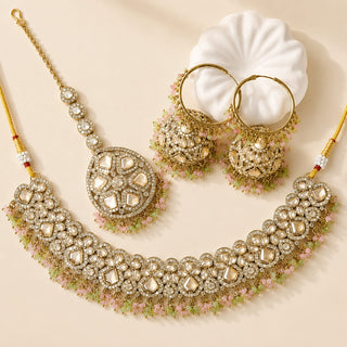 Emmie Mint Pink Polki Necklace Set with Tikka