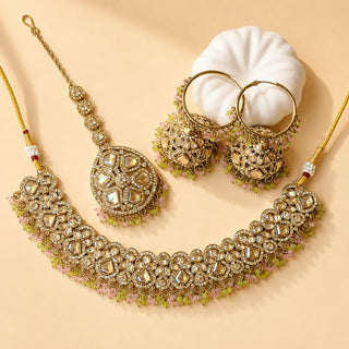 Emmie Mint Pink Polki Necklace Set with Tikka