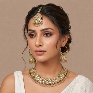 Emmie Mint Pink Polki Necklace Set with Tikka