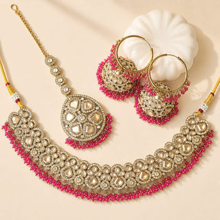 Emmie Pink Polki Necklace Set with Tikka