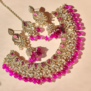 Emmie Purple Polki Necklace Set with Tikka