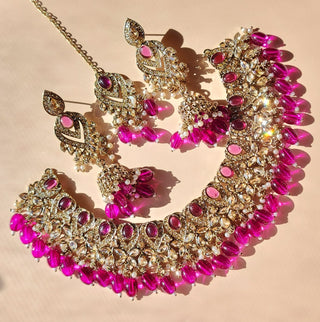 Emmie Purple Polki Necklace Set with Tikka