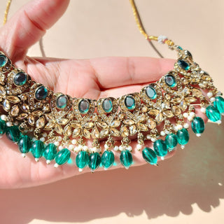 Emmie Teal Blue Polki Necklace Set with Tikka