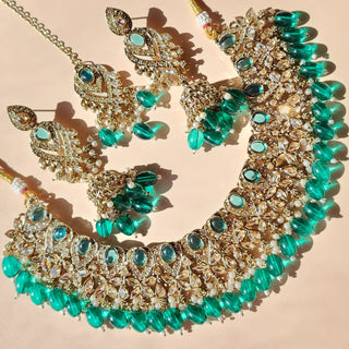 Emmie Teal Blue Polki Necklace Set with Tikka