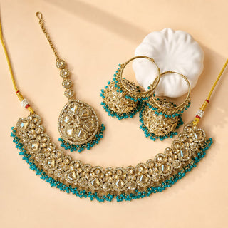 Emmie Teal Blue Polki Necklace Set with Tikka